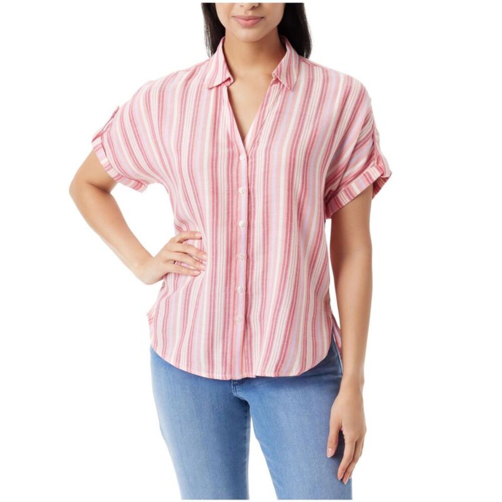 Gloria Vanderbilt Womens Roll Tab Sleeve Button Down Blouse, , L, DM